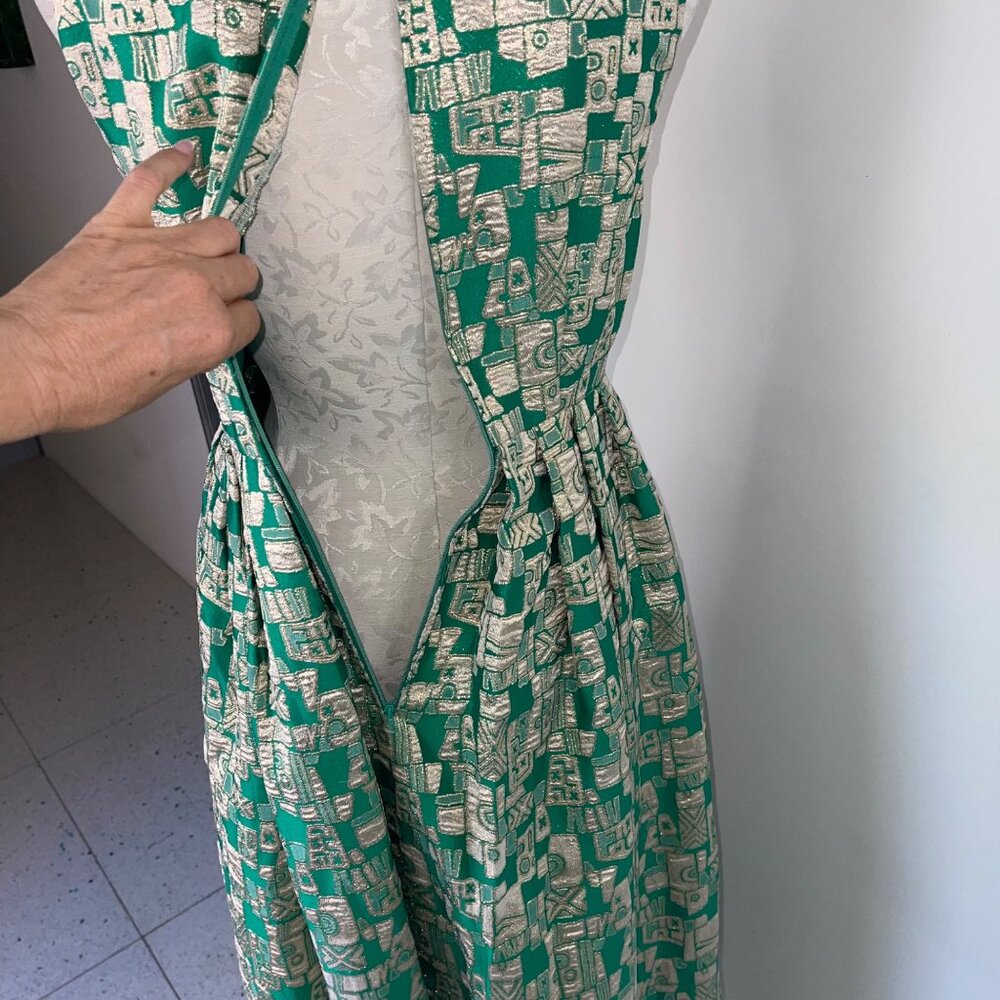 Vintage Womens Dress Size Small Green Geometric Print Maxi Casual Pleated - Picture 15 of 16
